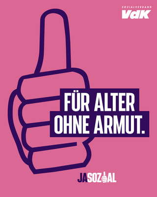 Motiv der VdK-Aktion Jasozial: Grafik in rosa und lila. Zu sehen ist eine Hand, die das "Daumen hoch"-Zeichen macht, und der Schriftzug "Für Alter ohne Armut"