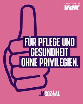 Motiv der VdK-Aktion Jasozial: Grafik in rosa und lila. Zu sehen ist eine Hand, die das "Daumen hoch"-Zeichen macht, und der Schriftzug "Für Pflege und Gesundheit ohne Privilegien"