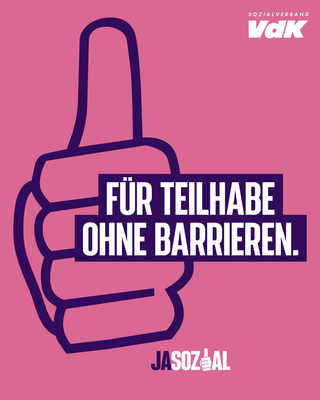 Motiv der VdK-Aktion Jasozial: Grafik in rosa und lila. Zu sehen ist eine Hand, die das "Daumen hoch"-Zeichen macht, und der Schriftzug "Für Teilhabe ohne Barrieren"