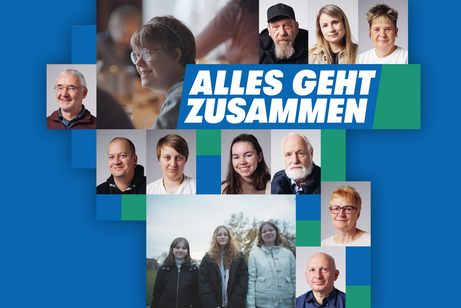 Die Collage zeigt die Gesichter von Menschen, die im VdK ehrenamtlich aktiv sind, sowie das Logo Alles geht zusammen