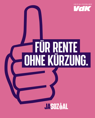 Motiv der VdK-Aktion Jasozial: Grafik in rosa und lila. Zu sehen ist eine Hand, die das "Daumen hoch"-Zeichen macht, und der Schriftzug "Für Rente ohne Kürzung"