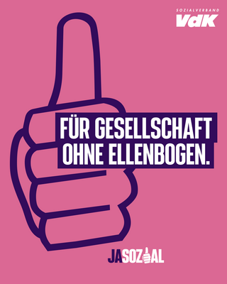 Motiv der VdK-Aktion Jasozial: Grafik in rosa und lila. Zu sehen ist eine Hand, die das "Daumen hoch"-Zeichen macht, und der Schriftzug "Für Gesellschaft ohne Ellenbogen"