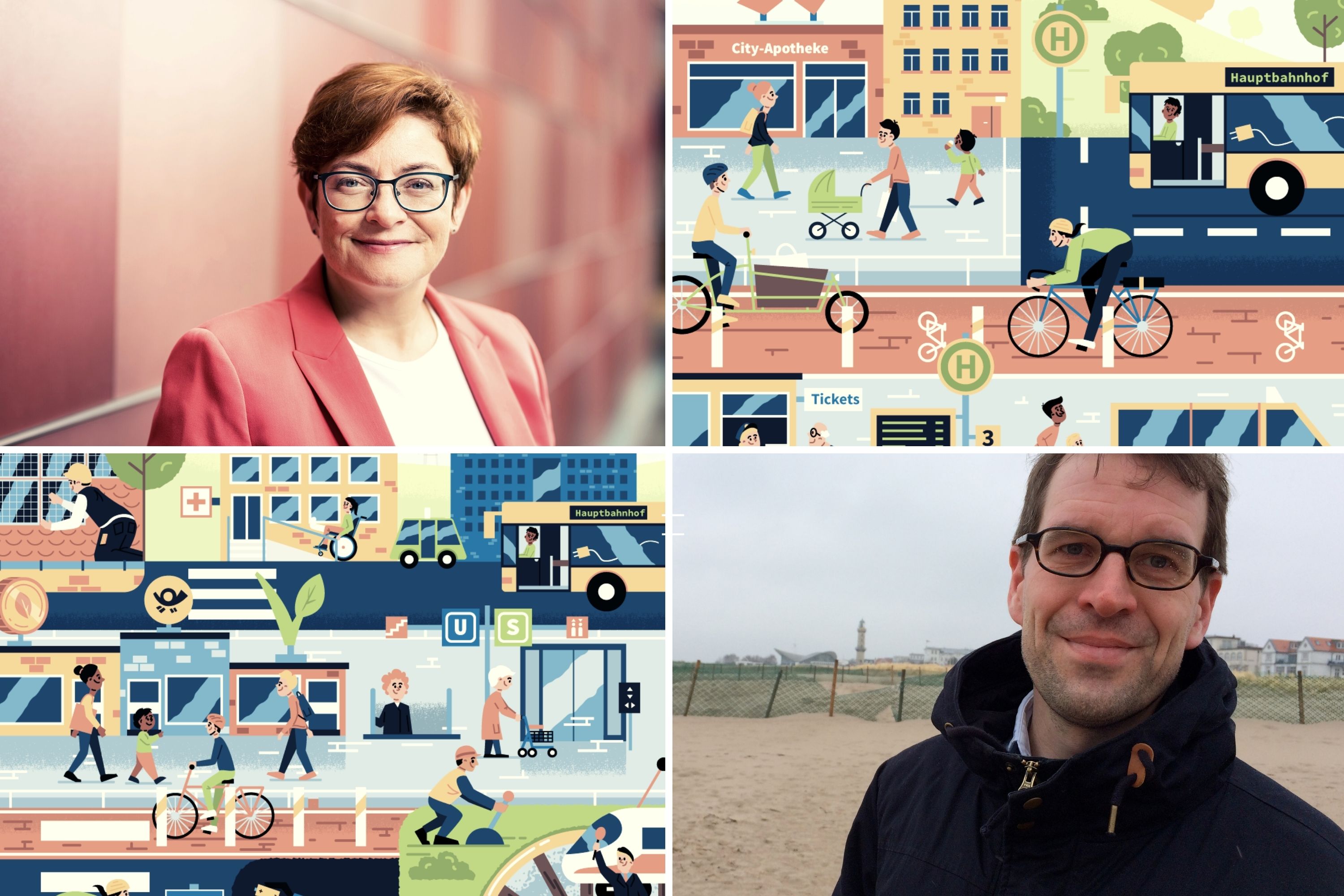 Christine Behle und Michael Schäfer Die Collage zeigt Christine Behle, Michael Schäfer und zwei Wimmelbilder des BÜndnisses sozialverträglichen Mobilitätswende.