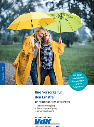 Titelseite der Broschüre mit einem Mann und einer Frau unter Regenschirmen