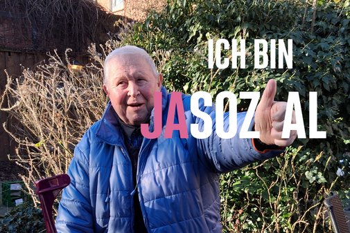 Ein VdKler mit Daumen hoch und dem Schriftzug "Ich bin jasozial!"