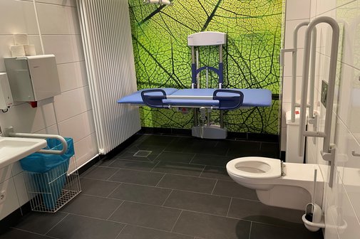 Eine Pflegetoilette mit Liege, Lift und Toilette