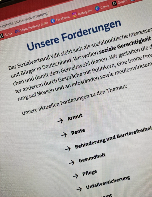Foto einer Bildschirmaufnahme mit Forderungen des VdK