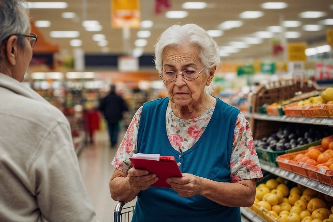 Eine ältere Frau im Supermarkt mit Einkaufszettel