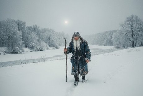 Auf dem Foto ist ein alter Mann mit einem langen wei&szlig;en Bart zu sehen. Der stapft durch den tiefen Schnee. Im Hintergrund sind B&auml;ume und ein zugefrorener Fluss zu sehen. Die Sonne steht tief am Himmel und ist nur matt durch die Wolken zu sehen.