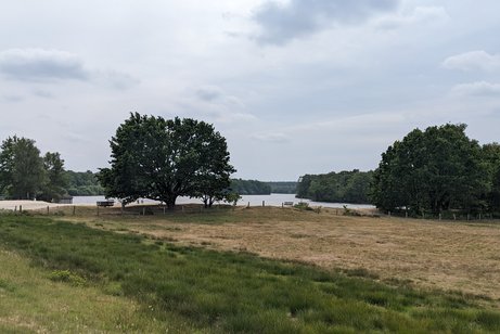 Blick vom Wanderweg auf den Stausee mit Badebucht und angrenzenden Wäldern.