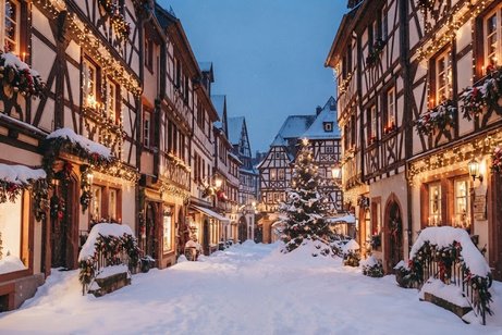 Es winterlicher Stra&szlig;enzug in einer kleinen Fachwerkstadt. Es liegt Schnee, die H&auml;user sind weihnachtlich geschm&uuml;ckt. Im Hintergrund steht auf einem Platz ein leuchtender Weihnachtsbaum