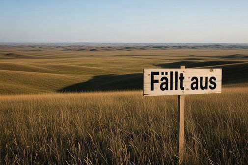 Kein Infostand während der Vorwerker Woche Eine steppenartige Landschaft mit hohem, trockenem Gras. Einige Hügel sind zu sehen, keine Bäume. Im Vordergrund steht ein Holzschild auf dem "Fällt aus" steht.