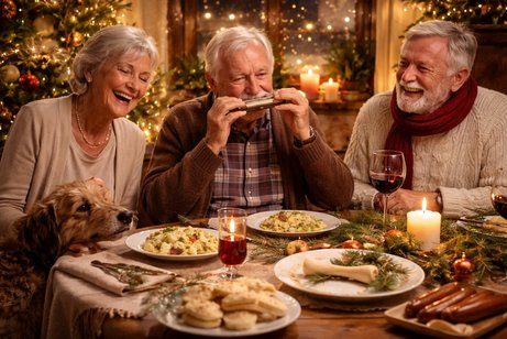Jakob, Emilie und Hannes sitzen fr&ouml;hlich am gedeckten Tisch. Jakob spielt auf der Mundharmonika. Der Hund Brummel steht neben Emilie und schaut auf die Speisen, die auf dem Tisch stehen. Im Hintergrund ist ein weihnachtlich beleuchtetes Fenster sowie ein Weihnachtsbaum zu sehen.
