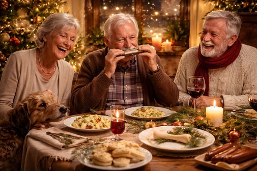 Jakob, Emilie und Hannes sitzen fr&ouml;hlich am gedeckten Tisch. Jakob spielt auf der Mundharmonika. Der Hund Brummel steht neben Emilie und schaut auf die Speisen, die auf dem Tisch stehen. Im Hintergrund ist ein weihnachtlich beleuchtetes Fenster sowie ein Weihnachtsbaum zu sehen.