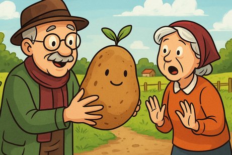 Auf dem Bild, das an einen gemaltes Bild aus einem Kinderbuch erinnert, ist Opa Wolfgang zu sehen, der eine riesige Kartoffel in den H&auml;nden h&auml;lt. Neben ihm steht bewundernd Oma Rosi. Wolfgang hat einen Schnurrbart, tr&auml;gt einen braunen Hut, eine gr&uuml;ne Jacke und einen weinroten Schal. Rosi hat ebenfalls graue Haare, tr&auml;gt ein weinrotes Kopftuch und einen orangenen Pullover. Im Hintergrund sind eine Wiese und ein kleines Haus zu sehen.