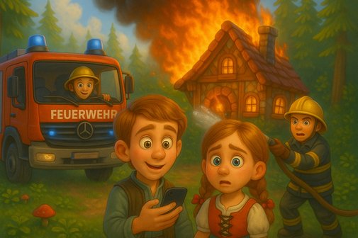 Hänsel und Gretel stehen vor dem brennenden Lebkuchenhaus. Hänsel hält ein Smatphone in den Händen. Neben dem Haus steht ein Feuerwehrauto. Ein Feuerwehrmann löscht das Lebkuchenhaus. Das Bild ist im Stil eines Comics.