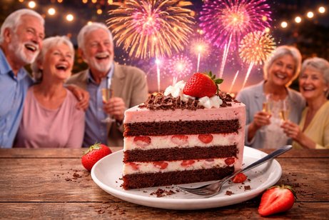 Ein St&uuml;ck Erdbeertorte steht auf einem wei&szlig;en Teller. Links und rechts des Teller liegen jeweils eine Erdbeere. F&uuml;nf Seniorinnen und Senioren stehen vor einem Himmel, der von einem Feuerwerk erleuchtet wird, und sto&szlig;en mit einem Glas Sekt an.