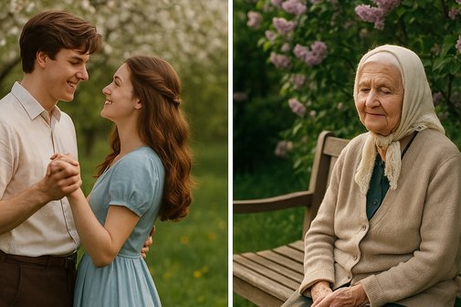Greta mit Jakob, als sie jung waren sowie Greta als alte Frau, die allein im Garten sitzt.