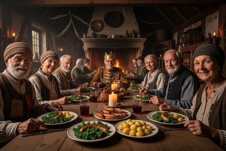 Mehrere Menschen, offensichtlich aus dem 18. Jahrhundert, sitzen an einem Tisch und essen Grünkohl mit Bregenwurst. Eine Person trägt eine Krone - sie ist wohl der Grünkohlkönig.