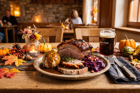 Servierter Krustenbraten mit Kn&ouml;del und Rotkohl auf einem Teller, platziert auf einem rustikalen Wirtshaustisch mit herbstlicher Dekoration und Dunkelbier.