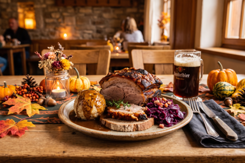 Krustenbraten Servierter Krustenbraten mit Knödel und Rotkohl auf einem Teller, platziert auf einem rustikalen Wirtshaustisch mit herbstlicher Dekoration und Dunkelbier.