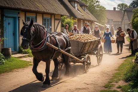 Pferdefuhrwerk, das Kartoffeln geladen hat. Menschen mit Körben im Hintergrund, einer davon ist ein Bettler. Die Szene spielt im 18. Jahrhundert in einem kleinen Dorf.