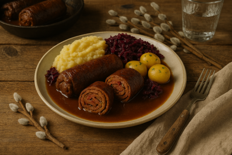 Rustikaler Holztisch mit einem Teller Rinderrouladen, Kartoffelp&uuml;ree, Rotkohl und Salzkartoffeln in So&szlig;e. Dazu Weidenk&auml;tzchen, Wasserglas, Leinentuch und Gabel &ndash; warmes, l&auml;ndliches Ambiente.