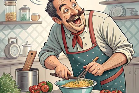 Ein lachender Mann, mit Schneebesen und Kochl&ouml;ffel, r&uuml;hrt in einer Sch&uuml;ssel am K&uuml;chentisch