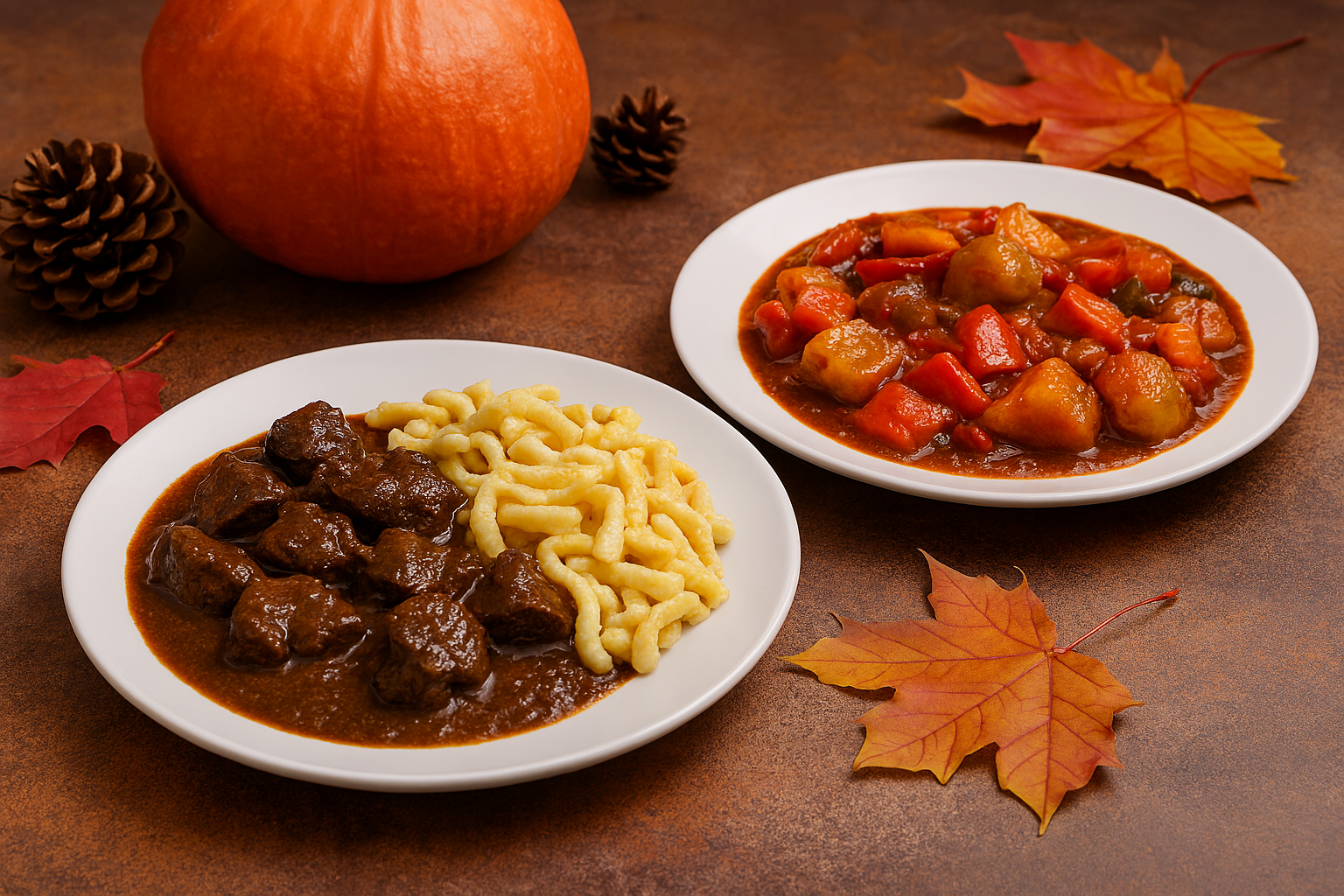 Ein Bild mit zwei Tellern: Einer enthält Hirschgulasch und Spätzle, der andere vetarisches Gulasch. Beide stehen vor einem herbstlichen Hintergrund.