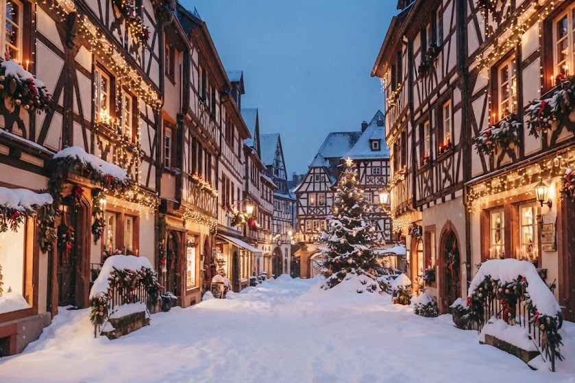 Weihnachten ist bald Es winterlicher Straßenzug in einer kleinen Fachwerkstadt. Es liegt Schnee, die Häuser sind weihnachtlich geschmückt. Im Hintergrund steht auf einem Platz ein leuchtender Weihnachtsbaum