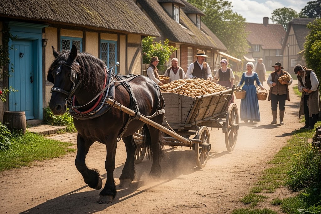 Pferdefuhrwerk, das Kartoffeln geladen hat. Menschen mit Körben im Hintergrund, einer davon ist ein Bettler. Die Szene spielt im 18. Jahrhundert in einem kleinen Dorf.