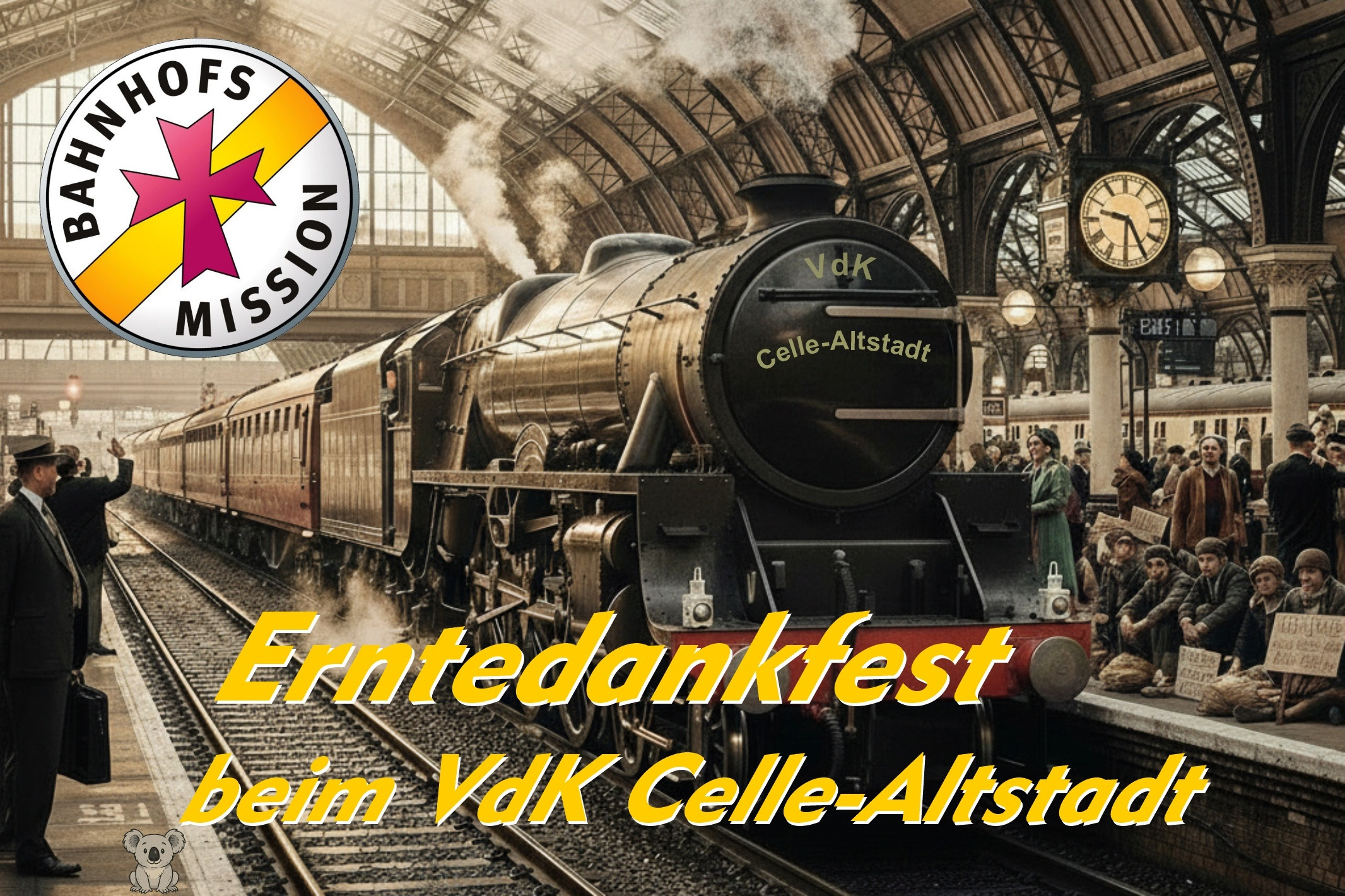 Erntedankfest Eine Dampflokomotive mit mehreren Personenwagen fährt in einen mit einem Glasdach überdachten Bahnhof ein. Auf den Bahnsteigen befinden sich Menschen. Einige von ihnen sehen bedürftig aus. Links oben ist das Logo der Bahnhofsmission zu sehen. Auf dem Bild ist der Schriftzug "Erntedankfest beim VdK Celle-Altstadt". Sollte diese Beschreibung nicht ausreichen, nehmen Sie bitte Kontakt zu uns auf, damit wir das in Zukunft besser machen können.