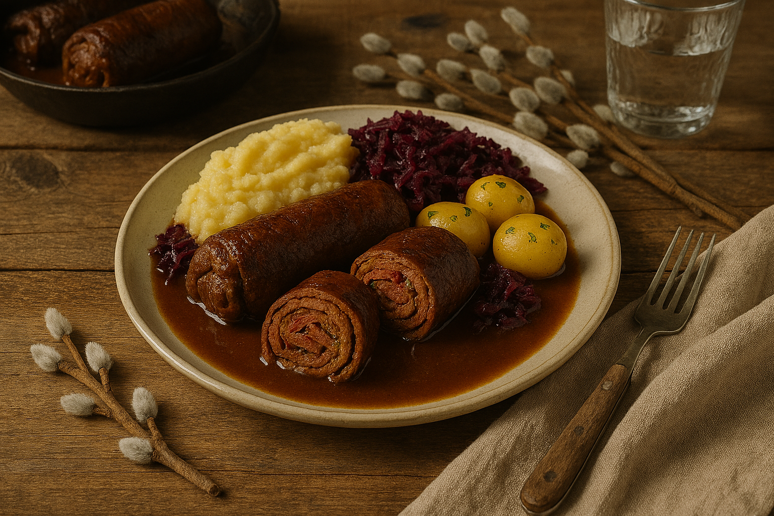 Rustikaler Holztisch mit einem Teller Rinderrouladen, Kartoffelp&uuml;ree, Rotkohl und Salzkartoffeln in So&szlig;e. Dazu Weidenk&auml;tzchen, Wasserglas, Leinentuch und Gabel &ndash; warmes, l&auml;ndliches Ambiente.