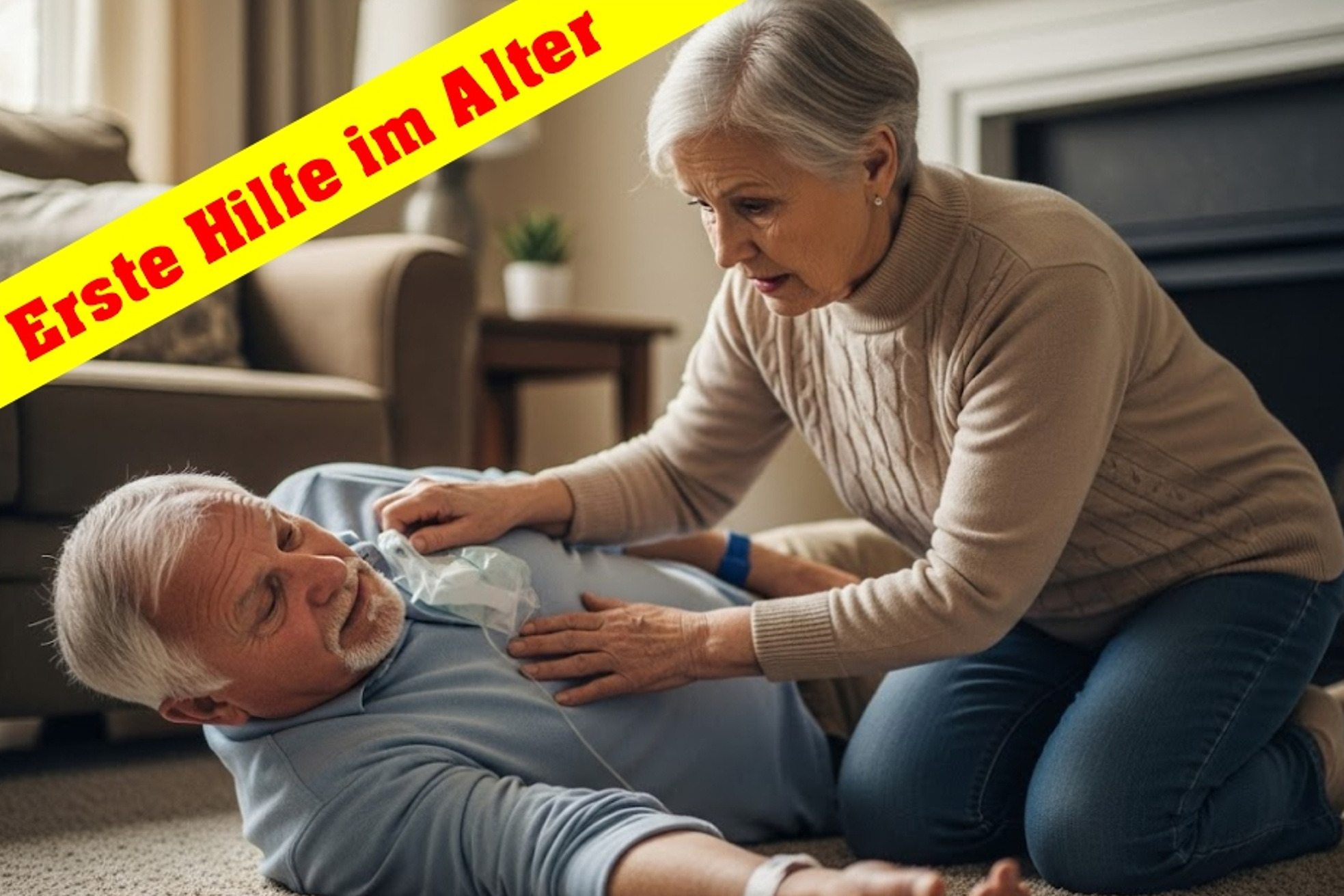 Erste Hilfe im Alter Eine Seniorin hilft einem Senior, der zusammengebrochen ist.