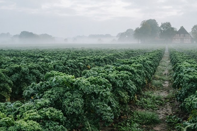 Gr&uuml;nkohl w&auml;chst auf einem Feld. Im Hintergrund ist ein altes Fachwerkhaus zu sehen. Leichter Nebel hinterl&auml;sst eine herbstliche Stimmung.