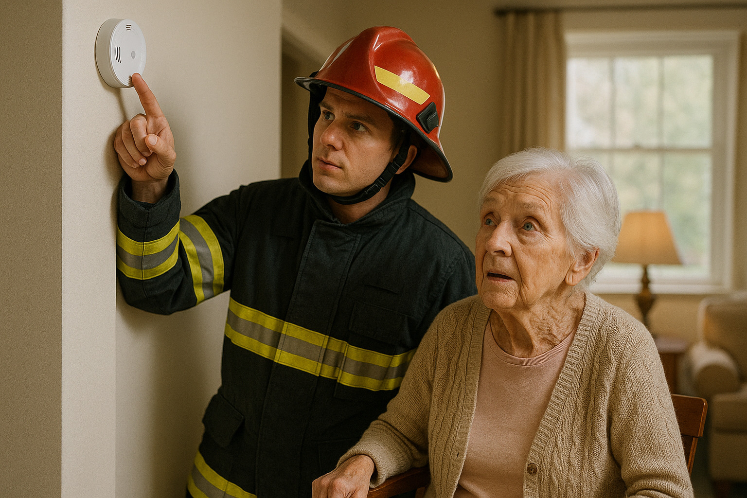 Feuerwehrmann mit Seniorin Feuerwehrmann mit Seniorin
