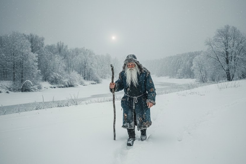 Auf dem Foto ist ein alter Mann mit einem langen wei&szlig;en Bart zu sehen. Der stapft durch den tiefen Schnee. Im Hintergrund sind B&auml;ume und ein zugefrorener Fluss zu sehen. Die Sonne steht tief am Himmel und ist nur matt durch die Wolken zu sehen.