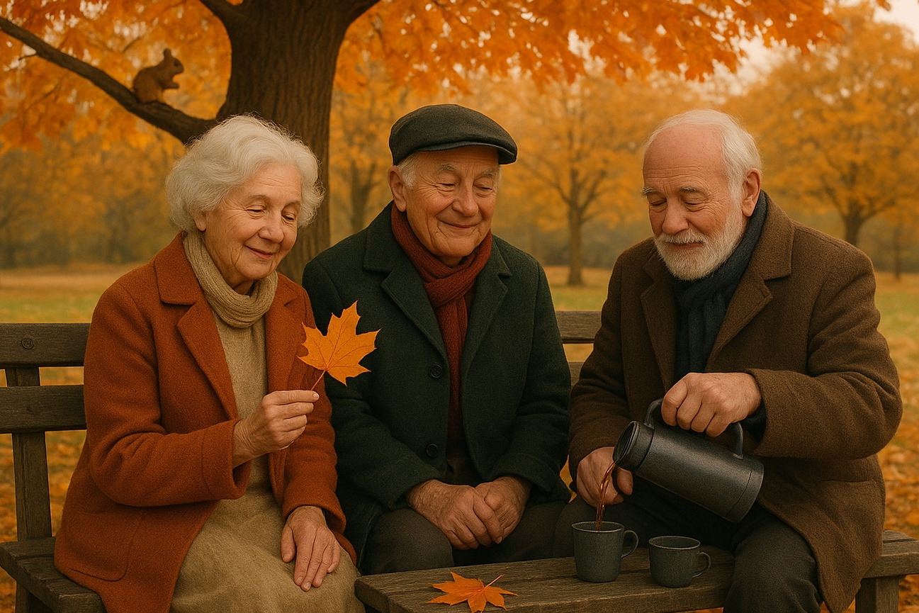 Das Licht des Herbstgartens Eine Seniorin und zwei Senioren sitzen auf einer Bank im herbstlichen Wald. Die Seniorin hält ein rotbraun gefärbtes Kastanienblatt in der Hand und betrachtet es. Sie sitzt auf der linken Bildseite. Mehmet ist der Senior auf der rechten Bildseite. Er schenkt Tee in einen Becher. Die drei sind herbstlich gekleidet, es scheint schon sehr kühl zu sein. Auf einem Ast des Kastanienbaums sitzt ein Eichhörnchen.