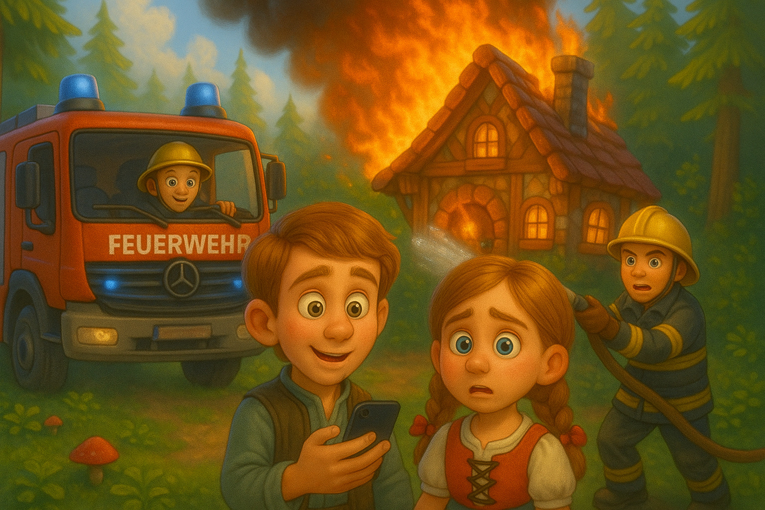 Hänsel, Gretel und die Feuerwehr Hänsel und Gretel stehen vor dem brennenden Lebkuchenhaus. Hänsel hält ein Smatphone in den Händen. Neben dem Haus steht ein Feuerwehrauto. Ein Feuerwehrmann löscht das Lebkuchenhaus. Das Bild ist im Stil eines Comics.
